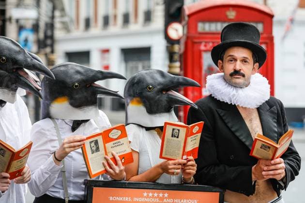 Garry Star: Classic Penguins photocall around the Arts Theatre, London, UK London, UK. 03rd Nov, 2025. Garry and the penguins enjoy their Penguin Classics outside the theatre. Penguin enthusiast and comedian Garry Starr (actor and writer Damien Warren-Smith) hosts his Penguin Book Club, bringing together 9 cute, larger than life penguins in Soho in a bid to save Penguin Classics from extinction ahead of his hit show Garry Starr: Classic Penguins at the West End s Arts Theatre this November and December., Credit:Imageplotter Avalon  Copyright: xImageplotterx xAvalonx 1050067894