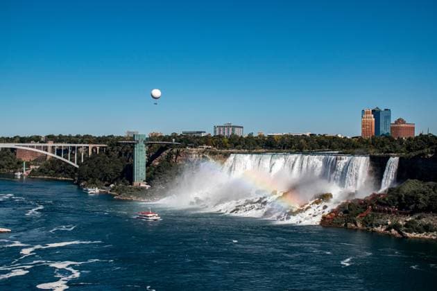 Rainbow Bridge over Niagara River Gorge with White Water Rapids Niagara Falls, Ontario, Canada R_JTIM251030-1873520-01 EDITORIAL USE ONLY