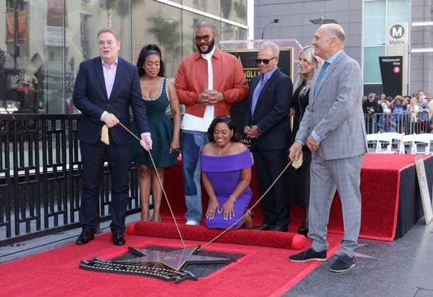 Niecy Nash, Tyler Perry, Sherri Shepherd, Ellen K, and Steve Nissen attend an unveiling ceremony honoring Sherri Shepherd with the 2,827th star on the Hollywood Walk of Fame in Los Angeles on Monday, November 3, 2025.  LAP20251103881 GREGxGRUDT