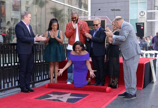 Niecy Nash, Tyler Perry, Sherri Shepherd, Ellen K, and Steve Nissen attend an unveiling ceremony honoring Sherri Shepherd with the 2,827th star on the Hollywood Walk of Fame in Los Angeles on Monday, November 3, 2025.  LAP20251103883 GREGxGRUDT
