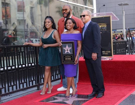 Niecy Nash, Tyler Perry, Sherri Shepherd and Ira Bernstein attend an unveiling ceremony honoring Sherri Shepherd with the 2,827th star on the Hollywood Walk of Fame in Los Angeles on Monday, November 3, 2025.  LAP20251103893 GREGxGRUDT