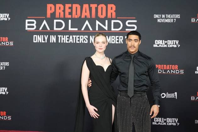 November 3, 2025, Los Angeles, California, USA: Elle Fanning, Dimitrius Schuster-Koloamatangi at the World Premiere of 20th Century Studios Predator: Badlands at the TCL Chinese Theatre IMAX Los Angeles USA - ZUMAg107 20251103_zep_g107_048 Copyright: xNinaxPrommerx