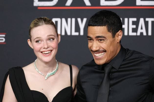 November 3, 2025, Los Angeles, California, USA: Elle Fanning, Dimitrius Schuster-Koloamatangi at the World Premiere of 20th Century Studios Predator: Badlands at the TCL Chinese Theatre IMAX Los Angeles USA - ZUMAg107 20251103_zep_g107_049 Copyright: xNinaxPrommerx