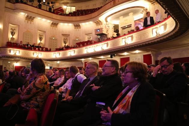 November 4, 2025, Cottbus, Brandenburg, Germany: Guests attend the Staatstheater Cottbus ahead of the opening ceremony of the 35th FilmFestival Cottbus (FFC), one of the leading events dedicated to Eastern European cinema. The 2025 edition runs from November 4 to 9, presenting around 140 films from more than 40 countries. Held in Cottbus, a bilingual German-Sorbian city near the Polish border, the festival brings together filmmakers, industry representatives, and audiences to celebrate cultural diversity and promote Central and Eastern European cinema. Cottbus Germany - ZUMAf146 20251104_zip_f146_011 Copyright: xRouzbehxFouladix