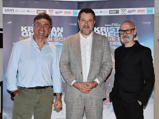 Rome, Italy: Rome, Barberini Cinema, premiere of the documentary film Kristian Ghedina - Stories of Skiing. Pictured: Kristian Ghedina, Matteo Salvini, and Paolo Galassi. Rome Italy  - ZUMAp169 20251104_zea_p169_1154 Copyright: xMarcoxProvvisionatox