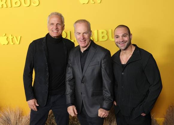 Patrick Fabian, Bob Odenkirk and Michael Mando attend the world premiere of the Apple TV series Pluribus at the DGA Theater on Tuesday, November 4, 2025. Pluribus will make its global debut on Apple TV with its first two episodes on Friday, November 7, 2025, followed by new episodes every Friday through December 26. Storyline: The most miserable person on Earth must save the world from happiness.  LAP20251104834 GREGxGRUDT