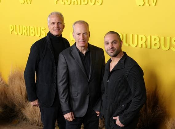 Patrick Fabian, Bob Odenkirk and Michael Mando attend the world premiere of the Apple TV series Pluribus at the DGA Theater on Tuesday, November 4, 2025. Pluribus will make its global debut on Apple TV with its first two episodes on Friday, November 7, 2025, followed by new episodes every Friday through December 26. Storyline: The most miserable person on Earth must save the world from happiness.  LAP20251104835 GREGxGRUDT