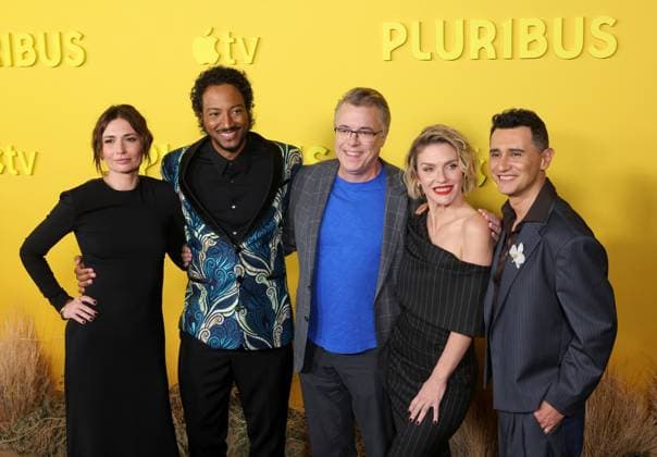 Karolina Wydra, Samba Schutte, Vince Gilligan, Rhea Seehorn and Carlos Manuel Vesga attend the world premiere of the Apple TV series Pluribus at the DGA Theater on Tuesday, November 4, 2025. Pluribus will make its global debut on Apple TV with its first two episodes on Friday, November 7, 2025, followed by new episodes every Friday through December 26. Storyline: The most miserable person on Earth must save the world from happiness.  LAP20251104853 GREGxGRUDT