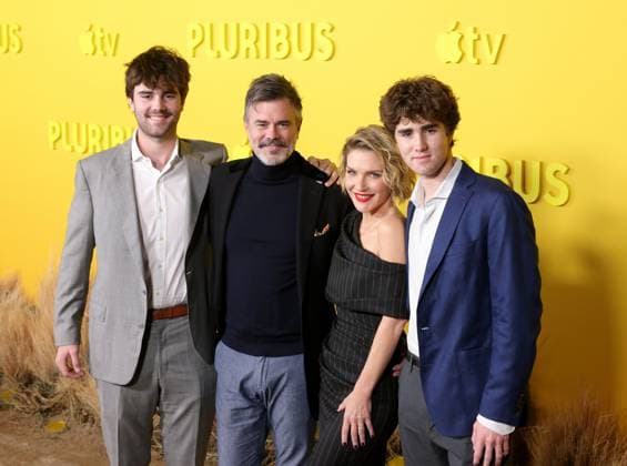 Rhea Seehorn and family attend the world premiere of the Apple TV series Pluribus at the DGA Theater on Tuesday, November 4, 2025. Pluribus will make its global debut on Apple TV with its first two episodes on Friday, November 7, 2025, followed by new episodes every Friday through December 26. Storyline: The most miserable person on Earth must save the world from happiness.  LAP20251104899 GREGxGRUDT