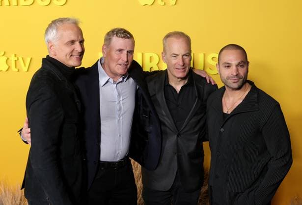 Patrick Fabian, executive producer Jeff Frost, Bob Odenkirk and Michael Mando attend the world premiere of the Apple TV series Pluribus at the DGA Theater on Tuesday, November 4, 2025. Pluribus will make its global debut on Apple TV with its first two episodes on Friday, November 7, 2025, followed by new episodes every Friday through December 26. Storyline: The most miserable person on Earth must save the world from happiness.  LAP20251104900 GREGxGRUDT