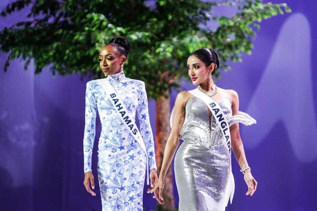 Miss Universe 2025 In Bangkok. Miss Bahamas Malique Bowe and Miss Bangladesh Tangia Methila present on stage during the official Miss Universe 2025 welcome event in Bangkok, Thailand, on November 5, 2025. Women representing 120 nations compete in the 74th edition of the Miss Universe pageant, which takes place in Thailand. Bangkok Thailand  Copyright: xAnusakxLaowilasx originalFilename: laowilas-notitle251105_npNwC.jpg