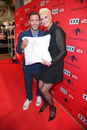 Marcel Remus, Brigitte Nielsen at the presentation of the Marcel Remus bedding collection Bedtime Stories in the premium furniture and furnishing store XXXLutz in Nuremberg on 05 11 2025
