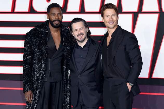 Colman Domingo, Edgar Wright and Glen Powell at the premiere of the movie The Running Man at the Odeon Luxe Leicester Square London, 05 11 2025 Foto:xS.xVasx xFuturexImagex running_5219