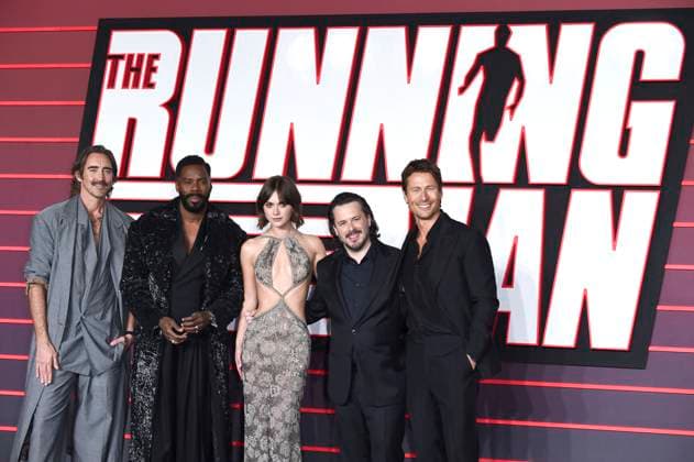 Lee Pace, Colman Domingo, Emelia Jones, Edgar Wright and Glen Powell at the premiere of the feature film The Running Man at the Odeon Luxe Leicester Square London, 05 11 2025 Foto:xS.xVasx xFuturexImagex running_5221