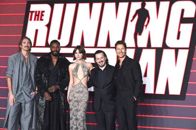 Lee Pace, Colman Domingo, Emelia Jones, Edgar Wright and Glen Powell at the premiere of the feature film The Running Man at the Odeon Luxe Leicester Square London, 05 11 2025 Foto:xS.xVasx xFuturexImagex running_5222