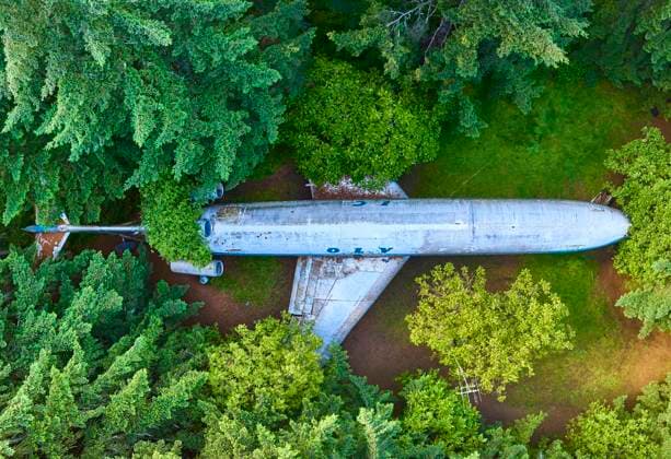 Aerial View of Abandoned Airplane in Dense Forest Abandoned airplane enveloped by dense Oregon forest, viewed from above. Nature reclaims the aircraft, creating a striking contrast between decaying metal and vibrant greenery. Captivating aerial shot., 60924732.jpg RECORD DATE NOT STATED