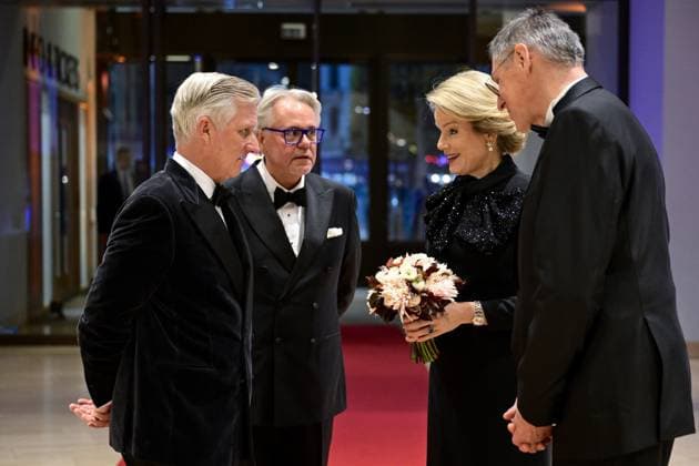 Philip Heylen, International Relations & Corporate Affairs Officer Ackermans & van Haaren, King Philippe - Filip of Belgium, Queen Mathilde of Belgium and Jan Suykens, Steunraad Antwerpen pictured during a gala evening organized by the Antwerp Support Committee for the King Baudouin Foundation, which is celebrating its 25th anniversary, in Antwerp, Thursday 06 November 2025.  DIRKxWAEM 139663447