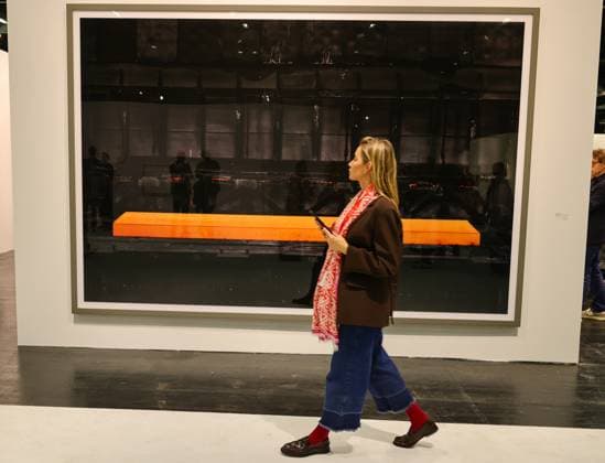 ART Cologne 2025 Opening TV journalist Sarah Valentina Winkhaus in front of the Thyssen Krupp 2025 photograph by Andreas Gursky 247 x 357 cm, created in Duisburg, â¬ 1 million Cologne Messe NRW Germany