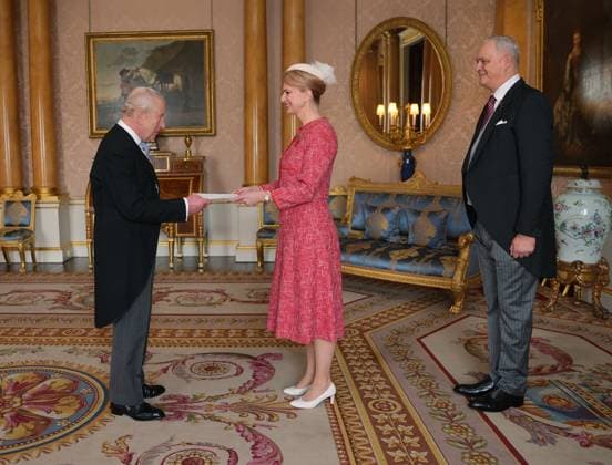 Audience at Buckingham Palace Kristina Miskowiak Beckvard, Ambassador of Denmark, accompanied by Henrik Beckvard, presents her credentials to King Charles III during a private audience at Buckingham Palace, London. Picture date: Thursday November 6, 2025., Credit:Yui Mok Avalon UK, London  Copyright: xYuixMokx xAvalonx 1050801502
