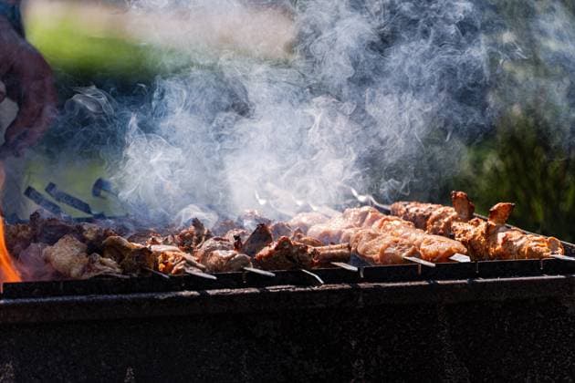 Grilled meat cooking on barbecue with smoky flavor Juicy pieces of meat sizzling on a barbecue grill, enveloped by smoky flavors. The skewers of tender meat capture the essence of outdoor cooking and summer gatherings. Model Released AnnaBogush_ID32207_1096612_001 Copyright: xAnnaxBogushx