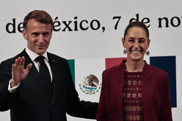 November 7, 2025, Mexico, Cdmx, Mexico: Following the reception of the President of Mexico, CLAUDIA SHEIMBAUM, by the President of France, EMMANUEL MACRON, a conference was held in the Treasury Room of the National Palace. They discussed economic, social, cultural, and feminist issues to improve and strengthen the bilateral relationship. President Macron took advantage of his brief visit to Mexico to further enhance the collaboration between the two countries, but emphasized the priority of the economic agenda, as they held a private meeting with business leaders. Mexico Mexico - ZUMAp204 20251107_zip_p204_079 Copyright: xJosuexPerezx