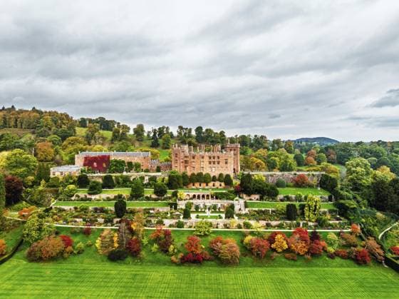 Herbstfarben über Powis Castle and Garden von Drone, Welshpool, Powys, Wales, England, Großbritannien Autumn colours over Powis Castle and Garden from drone, Welshpool, Powys, Wales, England, United Kingdom Copyright: imageBROKER MaciejxOlszewski ibxmao15530007.jpg