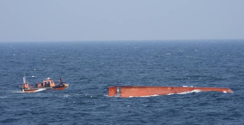 (251109) -- SEOUL, Nov. 9, 2025 -- This photo released by local police on Nov. 9, 2025 shows the wreck of a capsized fishing boat in waters off Gageo Island, about 420 km southwest of South Korea s capital Seoul. Three people went missing and two others were rescued in cardiac arrest Sunday after a fishing boat capsized in waters off Gageo Island, according to the South Korean coast guard. Photo Flash 3 missing, 2 rescued in cardiac arrest after fishing boat capsizes off southwestern S. Korea YaoxQilin 