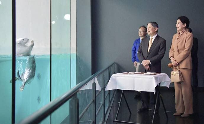 Emperor, empress in Mie Prefecture Japanese Emperor Naruhito (C) and Empress Masako watch a sea otter at Toba Aquarium in Toba, Mie Prefecture, on Nov. 8, 2025. The imperial couple are visiting the central Japan prefecture to attend a fishery industry promotional event ceremony. (Pool photo)  A14AA0005019704P