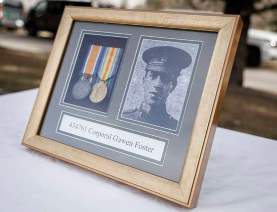 November 9, 2025, Calgary, Ab, CANADA: The medals and a photo of Cpl. Gawen Foster, who served with the 50th Canadian Infantry Battalion, Canadian Expeditionary Force, during the First World War, sits on a table prior to the KingöÄÃ s Own Calgary Regiment conducted a graveside ceremony honouring him in Calgary, Sunday, Nov. 9, 2025. Calgary CANADA  - ZUMAc35_ 20251109_zaf_c35_026 Copyright: xJeffxMcintoshx