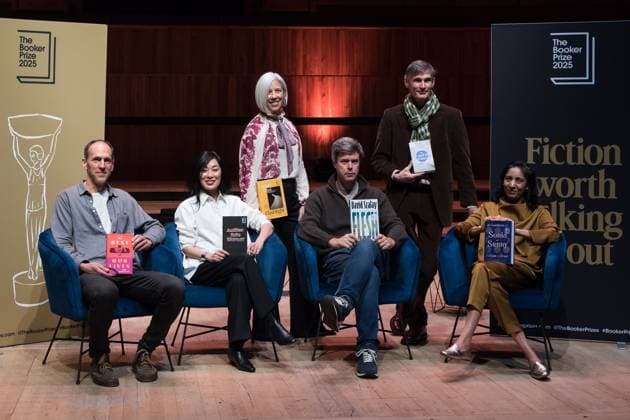 November 9, 2025, London, England, United Kingdom: Authors shortlisted for the Booker Prize 2025 pose with their books (L-R) British-US author BEN MARKOVITS with Ã¢â‚¬ËœThe Rest of Our LivesÃ¢â‚¬â ¢, US author KATIE KITAMURA with Ã¢â‚¬ËœAuditionÃ¢â‚¬â ¢, US author SUSAN CHOI with Ã¢â‚¬ËœFlashlightÃ¢â‚¬â ¢, Hungarian-British author DAVID SZALAY with Ã¢â‚¬ËœFleshÃ¢â‚¬â ¢, British author ANDREW MILLER with Ã¢â‚¬ËœThe Land in WinterÃ¢â‚¬â ¢ and Indian author KIRAN DESAI with Ã¢â‚¬ËœThe Loneliness of Sonia and Sunny during a photocall ahead of a reading event at Southbank Centre. The winner of the Booker Prize 2025 will be announced on Monday, 10 November at a ceremony in London, and the winning author will receive Ã‚Â£50,000. London United Kin - ZUMAs371 20251109_zip_s371_122 Copyright: xWiktorxSzymanowiczx