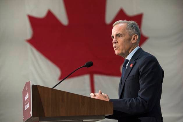 November 10, 2025, Fredericton, Nb, Canada: Prime Minister Mark Carney makes an announcement at the manufacturing facility of Maple Leaf Homes in Fredericton, N.B., on Monday, Nov. 10, 2025. Fredericton Canada  - ZUMAc35_ 20251110_zaf_c35_039 Copyright: xStephenxMacgillivrayx