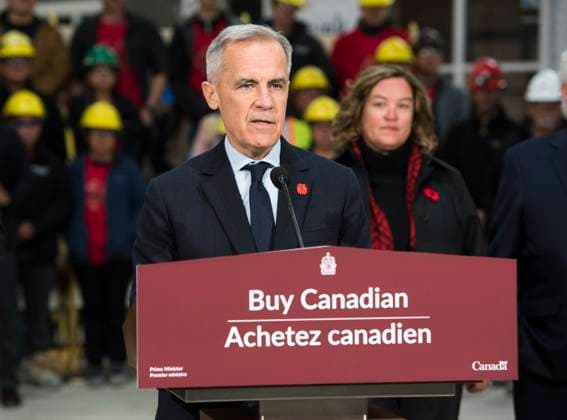 November 10, 2025, Fredericton, Nb, Canada: Prime Minister Mark Carney makes an announcement at the manufacturing facility of Maple Leaf Homes in Fredericton, N.B., on Monday, Nov. 10, 2025. Fredericton Canada  - ZUMAc35_ 20251110_zaf_c35_041 Copyright: xStephenxMacgillivrayx