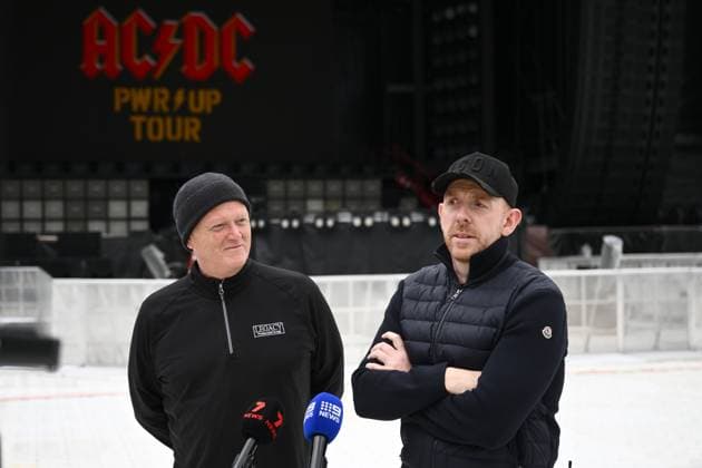 ACDC CONCERT STAGING, Roadie Dale Skjerseth (left) and AC DC head of production Will Keating speak to media with staging ahead of a concert by Australian rock band AC DC at the MCG, in Melbourne, Tuesday, November 11, 2025. ( NO ARCHIVING MELBOURNE VICTORIA AUSTRALIA  Copyright: xJOELxCARRETTx 20251111127430370821