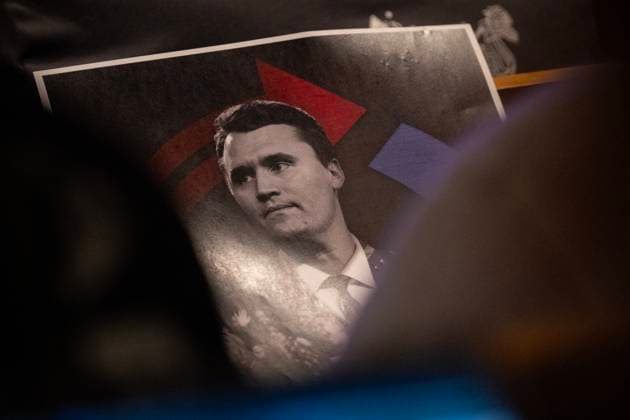 November 10, 2025, Berkeley, Ca, USA: Attendees holds a poster of Charlie Kirk cheer for comedian and actor Rob Schneider and Frank Turek as they speak during the Turning Point USA tour at the UC Berkeley on Monday, Nov. 10, 2025, in Berkeley. The group was founded by late conservative activist Charlie Kirk. Berkeley USA - ZUMAj89_ 20251110_zaf_j89_022 Copyright: xPaulxKitagakixJr.x