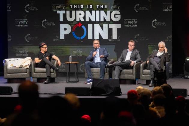 November 10, 2025, Berkeley, Ca, USA: 1Comedian and actor Rob Schneider, Frank Turek, Andrew Doyle and Peter Boghossian speak with audience during the Turning Point USA tour at the UC Berkeley on Monday, Nov. 10, 2025, in Berkeley. The group was founded by late conservative activist Charlie Kirk. Berkeley USA - ZUMAj89_ 20251110_zaf_j89_031 Copyright: xPaulxKitagakixJr.x
