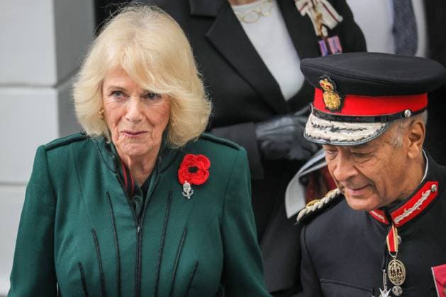 Queen Camilla joins Poppies for Paddington Commemoration at Paddiongton Station on Armistice Day, London, UK London, UK. 11th Nov, 2025. Her Majesty smiles and waves at members of the public. Queen Camilla arrives by Train into Paddington Station and joins Poppies for Paddington the Commemorations on Armistice Day. Poppies to Paddington is an annual commemoration. Poppy wreaths from around the GWR network are collected by designate trains, arriving into Paddington station before 1100, followed by a 2 minute silence and commemorative proceedings., Credit:Imageplotter Avalon  Copyright: xImageplotterx xAvalonx 1051817403