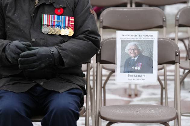 November 11, 2025, Ottawa, On, Canada: An empty seat in memoriam of Elsa Lessard, a Second World War veteran who died July 22, 2025, is shown at the National War Memorial during a Remembrance Day ceremony in Ottawa on Tuesday, Nov. 11, 2025. Ottawa Canada  - ZUMAc35_ 20251111_zaf_c35_003 Copyright: xSeanxKilpatrickx