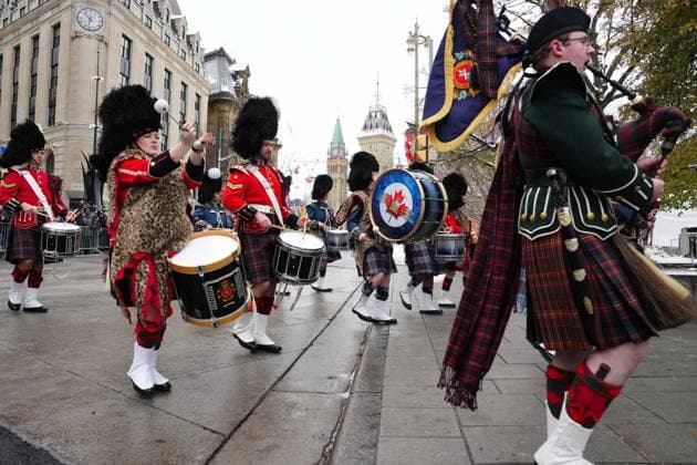 November 11, 2025, Ottawa, On, Canada: Military band members march in a parade to a Remembrance Day ceremony in Ottawa on Tuesday, Nov. 11, 2025. Ottawa Canada  - ZUMAc35_ 20251111_zaf_c35_010 Copyright: xSeanxKilpatrickx