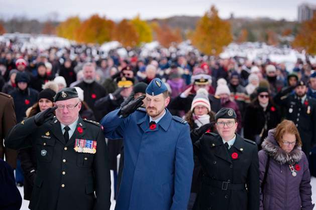 November 11, 2025, Ottawa, On, Canada: Canadian Forces members salute during the playing of the Last Post at a Remembrance Day ceremony at the national military Cemetery at Beachwood in Ottawa on Tuesday, Nov. 11, 2025. Ottawa Canada  - ZUMAc35_ 20251111_zaf_c35_021 Copyright: xJustinxTangx
