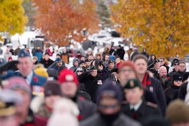 November 11, 2025, Ottawa, On, Canada: Veterans and Canadian Forces members salute during the playing of the Last Post at a Remembrance Day ceremony at the national military Cemetery at Beachwood in Ottawa on Tuesday, Nov. 11, 2025. Ottawa Canada  - ZUMAc35_ 20251111_zaf_c35_022 Copyright: xJustinxTangx