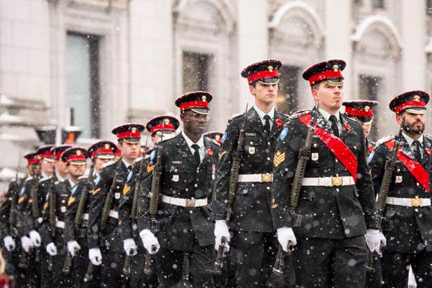 November 11, 2025, Montreal, Pq, CANADA: Members of the Canadian Armed Forces march during a Remembrance Day ceremony, in Montreal, Tuesday, Nov. 11, 2025. Montreal CANADA  - ZUMAc35_ 20251111_zaf_c35_083 Copyright: xChristopherxKatsarovx