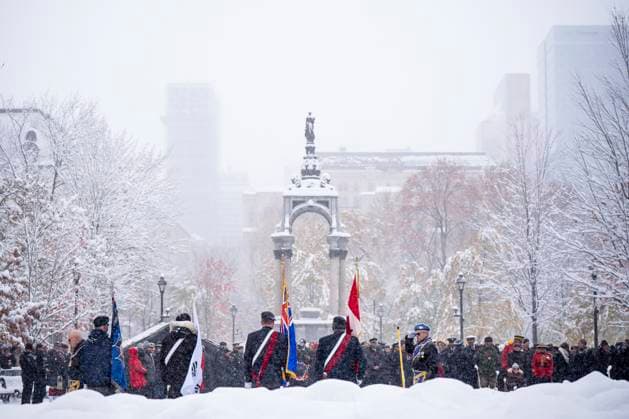 November 11, 2025, Montreal, Pq, CANADA: Members of the Canadian Armed Forces, dignitaries and the public participate in a Remembrance Day ceremony, in Montreal, Tuesday, Nov. 11, 2025. Montreal CANADA  - ZUMAc35_ 20251111_zaf_c35_084 Copyright: xChristopherxKatsarovx
