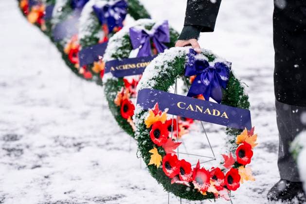 November 11, 2025, Montreal, Pq, CANADA: A commemorative wreath is adjusted during a Remembrance Day ceremony, in Montreal, Tuesday, Nov. 11, 2025. Montreal CANADA  - ZUMAc35_ 20251111_zaf_c35_089 Copyright: xChristopherxKatsarovx