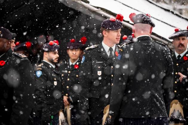 November 11, 2025, Montreal, Pq, CANADA: The BlackWatch regiment of the Canadian Army gather during a Remembrance Day ceremony, in Montreal, Tuesday, Nov. 11, 2025. Montreal CANADA  - ZUMAc35_ 20251111_zaf_c35_085 Copyright: xChristopherxKatsarovx