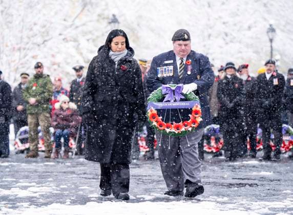 November 11, 2025, Montreal, Pq, CANADA: Mayor-elect Soraya Martinez Ferrada, assisted by Terrance Deslage, places wreath at the cenotaph during a Remembrance Day ceremony, in Montreal, Tuesday, Nov. 11, 2025. Montreal CANADA  - ZUMAc35_ 20251111_zaf_c35_091 Copyright: xChristopherxKatsarovx