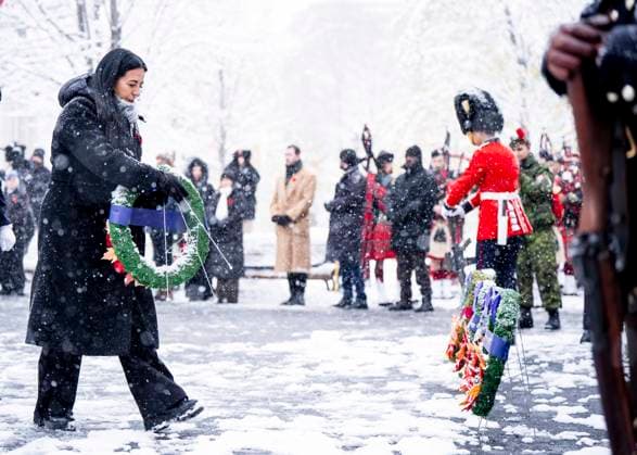 November 11, 2025, Montreal, Pq, CANADA: Mayor-elect Soraya Martinez Ferrada places wreath during a Remembrance Day ceremony, in Montreal, Tuesday, Nov. 11, 2025. Montreal CANADA  - ZUMAc35_ 20251111_zaf_c35_092 Copyright: xChristopherxKatsarovx