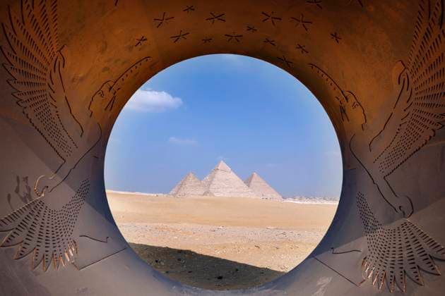 (251111) -- CAIRO, Nov. 11, 2025 -- An artistic installation is displayed during the Forever Is Now international art exhibition at Giza Pyramids scenic spot in Giza, Egypt, Nov. 11, 2025. The fifth edition of Forever Is Now international art exhibition on Tuesday kicked off in the area of Egypt s Giza Pyramids scenic spot, showcasing 10 artworks of artists from different countries. The exhibition runs from Nov. 11 to Dec. 6. Ahmed Gomaa) EGYPT-GIZA-PYRAMIDS-ART EXHIBITION-FOREVER IS NOW AixHamaide¡¤gema 