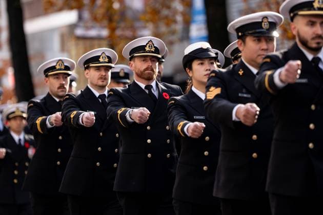 November 11, 2025, Vancouver, Bc, CANADA: Members of the Royal Canadian Navy march during a Remembrance Day ceremony, in Vancouver, B.C., Tuesday, Nov. 11, 2025. Vancouver CANADA  - ZUMAc35_ 20251111_zaf_c35_235 Copyright: xEthanxCairnsx