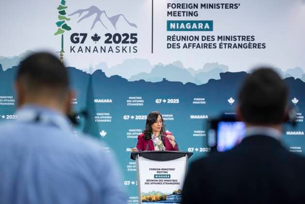 November 11, 2025, Niagara-On-The-Lake, On, Canada: Foreign Affairs Minister Anita Anand delivers opening remarks during the G7 Foreign Ministers Meeting in Niagara-on-the-Lake, on Tuesday, November 11, 2025. Niagara-On-The-Lake Canada  - ZUMAc35_ 20251111_zaf_c35_247 Copyright: xNickxIwanyshynx