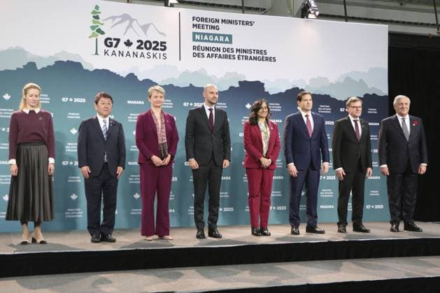 G-7 foreign ministers meeting in Canada Group of Seven foreign ministers -- (from L) the European Union s Kaja Kallas, Japan s Toshimitsu Motegi, Britain s Yvette Cooper, France s Jean-Noel Barrot, Canada s Anita Anand, the United States Marco Rubio, Germany s Johann Wadephul and Italy s Antonio Tajani -- pose for a photo on the first day of a two-day meeting in Niagara-on-the-Lake in Canada on Nov. 11, 2025.  A14AA0005028468P